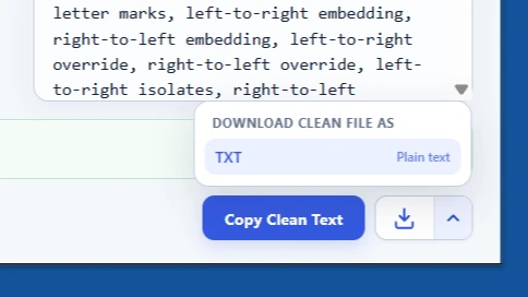 Clean Copy download menu for saving cleaned text as a TXT file