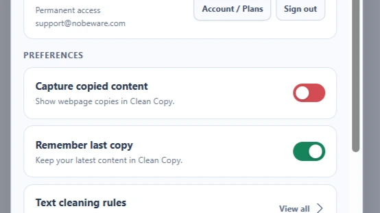 Clean Copy Remember last copy preference