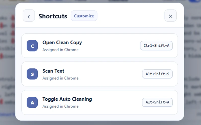 Clean Copy Chrome keyboard shortcuts for opening, scanning and auto cleaning